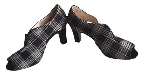 Woman’s Life Stride Black Gray Checkered Soft System Open Toe Heels Shoes Sz 10W