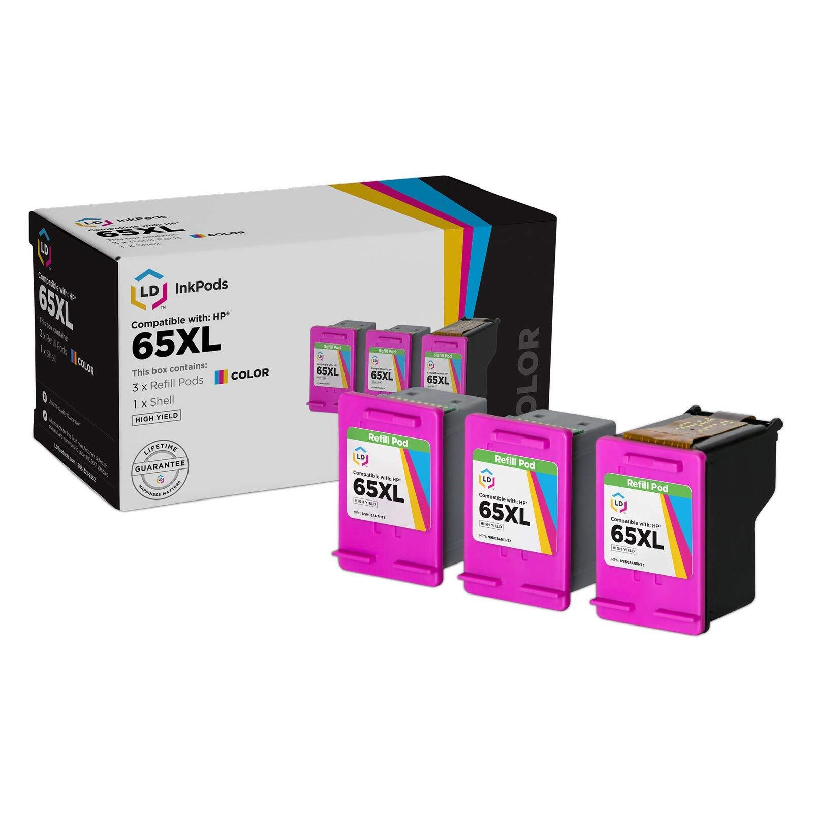LD InkPods Ink Cartridge Replacements for HP 65XL Color 3-Pk with OEM printhead