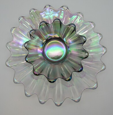 Two Vtg  MCM Iridescent Celestial Carnival Trinket Dish Flower Art Glass