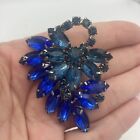 Brooch Pin Leaf Costume Statement Vtg Cobalt & Cornflower Blue Rhinestone
