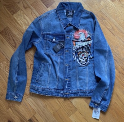Ed Hardy America Flag Denim Trucker Jean Jacket Death Before Dishonor Blue Eagle