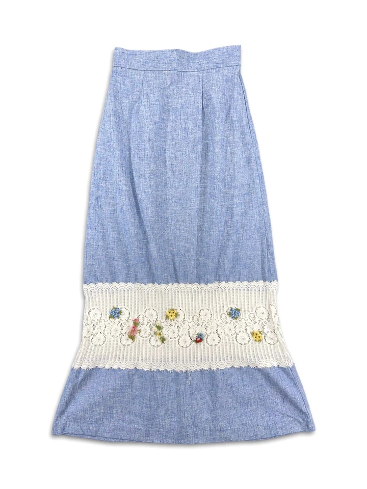 Falda Vintage Años 60 70 Pradera Algodón Encaje Panel Floral Alto Wiast S/M Foto 2 de 4