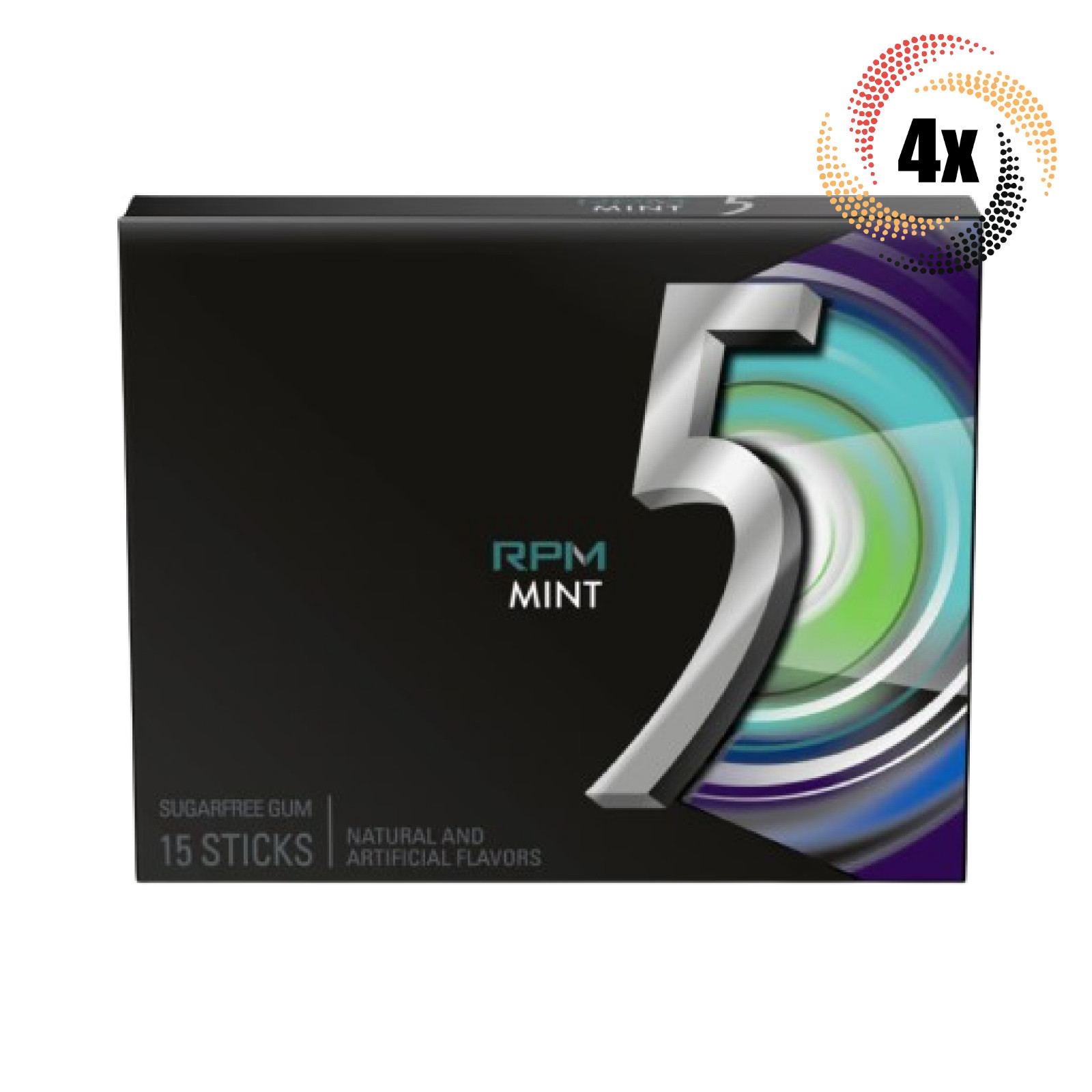 4 упаковки жевательной резинки | 5 оборотов в минуту со вкусом мяты | 15 палочек в упаковке | Жевательная резинка без сахара