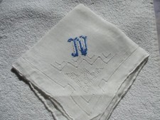 Vtg White Handkerchief Hand Monogrammed "N" in Blue. Cutwork Corners. Bridal