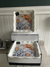 2 Effetti Square Side Salad Plates Sea Turtle Italy Nautical Reef handmade VHTF
