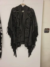 Black Faux Suede Poncho Laser Cut Fringe Shawl Cape Open Front Women Fashion