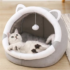 Soft Fabric Cat Bed With Cat Ear Design Washable Pet House Cushion