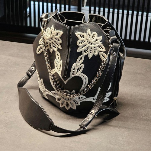 Alexander McQueen 2019SS Resort Bucket Bag Black Leather Lace Floral Excellent