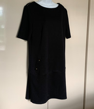 Wallis Black Shift Dress UK 16 Gold Zip Detail Smart Office Evening VGC