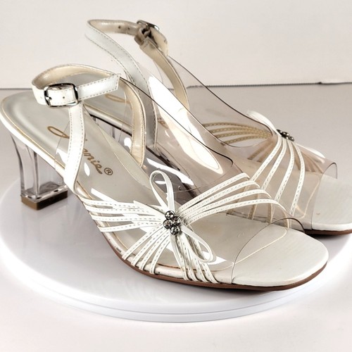 Annie White Slingback Sandals 6M Open Toe Clear Heel Strappy Bow Rhinestones - Picture 5 of 22