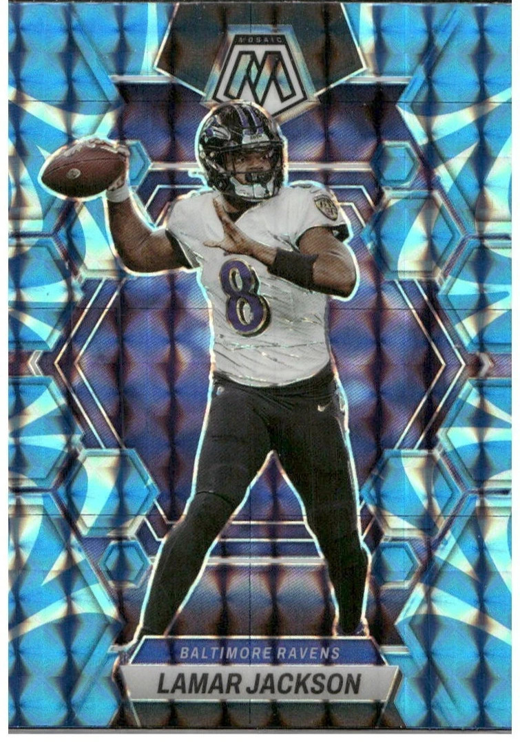 2023 Panini Mosaic Lamar Jackson #13 Reactive Blue Mosaic Prizm Parallel Ravens