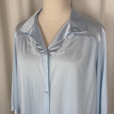 Vtg Vanity Fair Satin Nylon Robe Pastel Blue 3/4 Sleeve Floral Embroidered Sz M