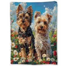 Cute Yorkie Dogs in Flower Field Blanket  Soft Warm Fuzzy Lightweight Flanne...