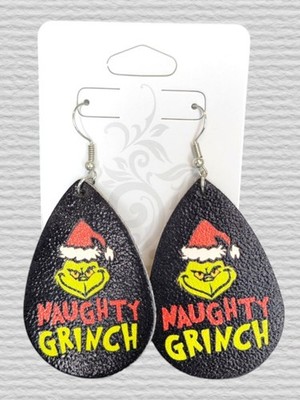 Christmas Lightweight Naughty Grinch Faux Leather Dangle Earrings Double Sided