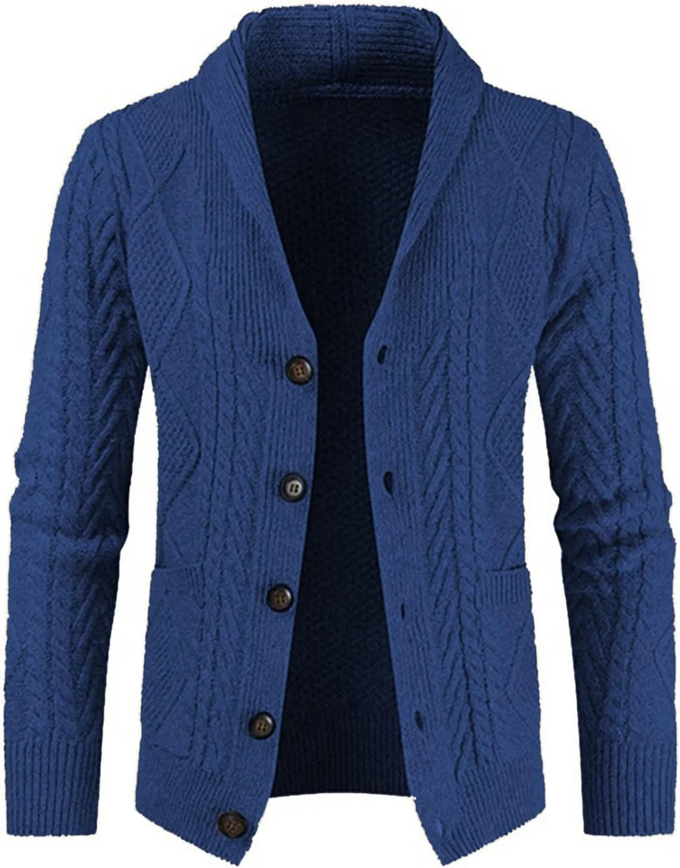 Men's Cable Knit Cardigan Sweater Wool Blend Long Sleeve Shawl Collar Casual - Image 4 of 4