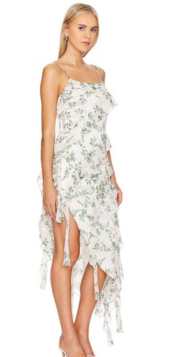 $495 MISA Los Angeles ILYSA MID-LENGTH DRESS Size Med White Floral Sage - Picture 2 of 13