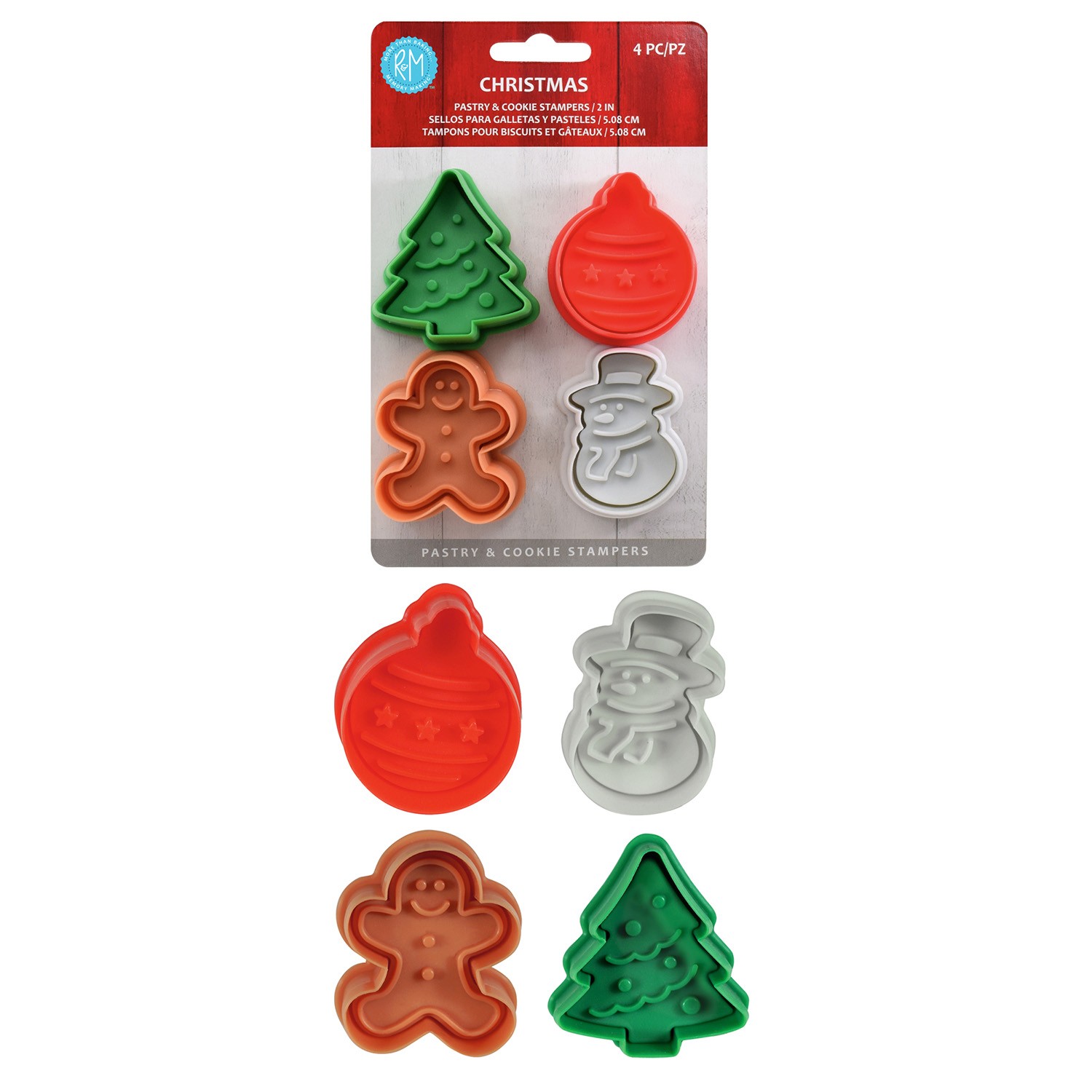 R&M International 4 Piece Christmas Cookie Stamper Set, 2-Inch