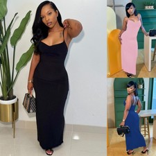 Womens Sleeveless Bodycon Maxi Dress-Sexy Pleated V, Adjustable Spaghetti Straps