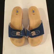 Dr Scholls Original Wooden Exercise Sandal Slides pClog Blue Denim Italy SZ 7