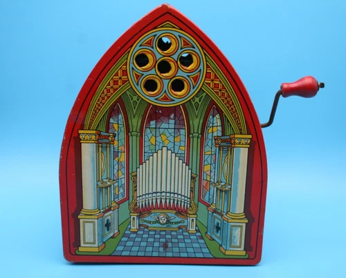 J Chein Vintage Tin Litho Wind-Up Church Organ Toy - WORKS