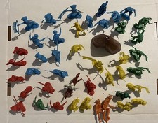 Vintage Lot 36 Plastic Play Cowboys Indians Figures. Red, Blue, Yellow, Green