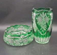 Set, LAUSITZER German Democratic Republic Cut Green Crystal Vase with Bowl