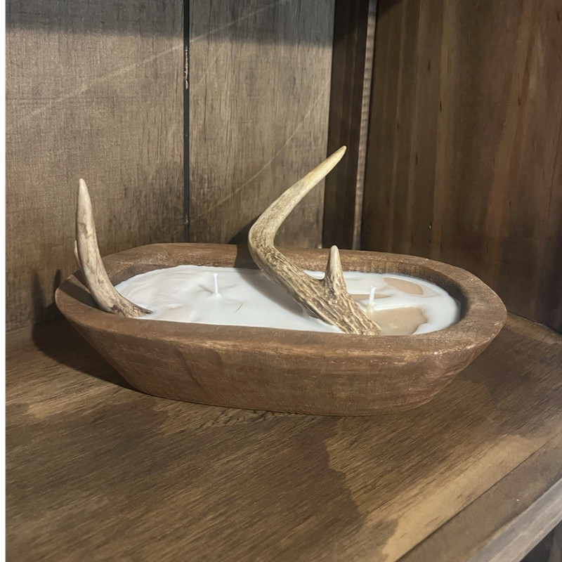 Rustic Primitive Oval Wood Candle Bowl with Animal Antler Decor Brown/White