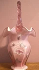 Fenton - Pink & White Hand-Blown Floral Basket, Ruffled Rim with Twisted Handle