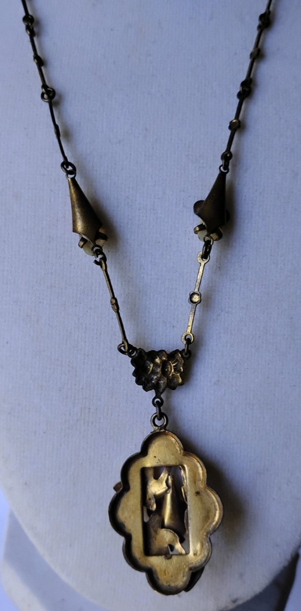Vintage Art Deco Gold Tone Baby Tooth Teeth Pearl Pendant Flower Chain Necklace View 6