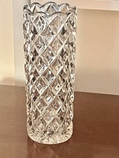 Vintage Pressed Glass Cylinder Vase with Diamond and Swirl Pattern, 8 inches — listing 4