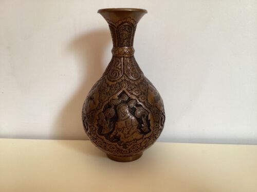 Vintage Handcrafted Persian 6&1/2”Ghalamzani/Qualamzani Decorated Copper Vase - Picture 1 of 19