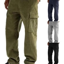 Men Corduroy Cargo Pant Trouser Straight Leg Multi Pockets Elastic Waist Classic