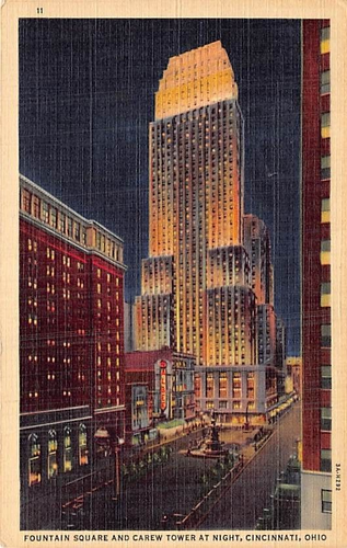 Postkarte OH: Fountain Square, Carew Tower, Night, Cincinnati, Ohio Leinen 1938 - Bild 1 von 2