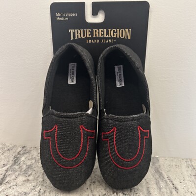 TRUE RELIGION Mens Slippers Black Denim w/ Red Logo SZ M 9  display picture 1