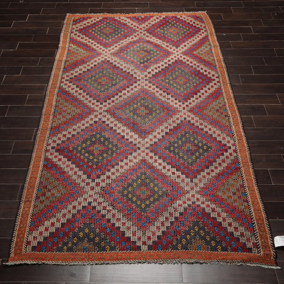 Rare Unique Vintage Turkish Kilim Hand Woven Wool Area Rug Rust 5'11" x 10'4" - Image 3 of 4
