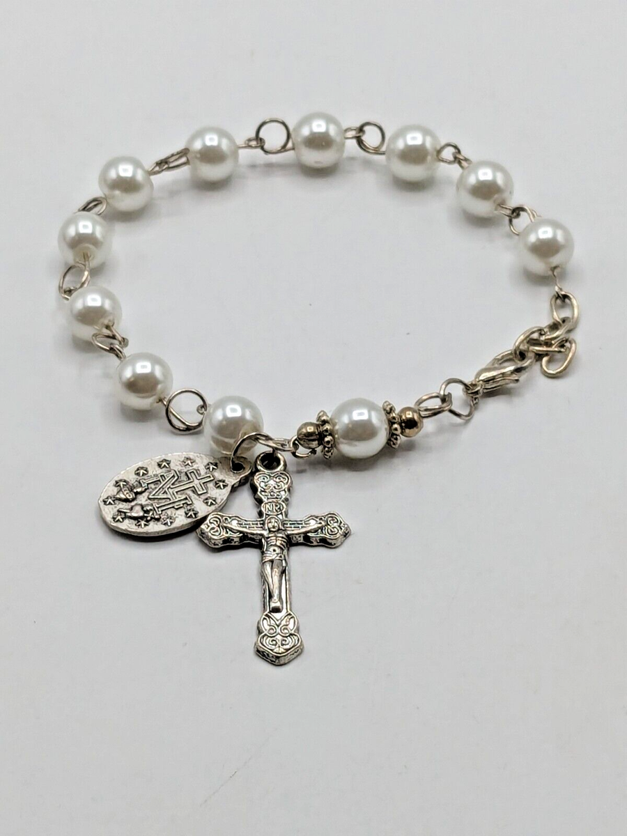 Glass Faux Pearl Rosary Bracelet Crucifix Miraculous Medal | eBay