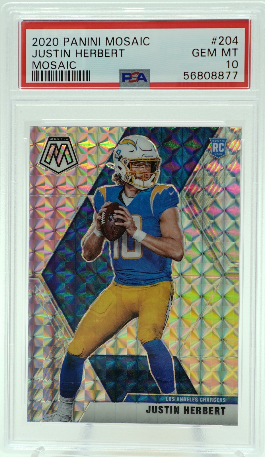 JUSTIN HERBERT 2020 PANINI MOSAIC ROOKIE SILVER PRIZM CHARGERS #204 PSA 10