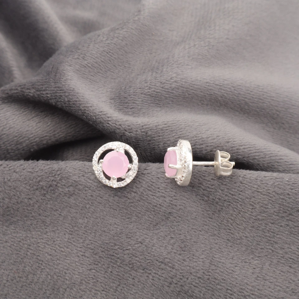 Подарок серьги-гвоздики ручной работы из стерлингового серебра 925 пробы с розовым халцедоном цирконием - Изображение 3 из 4