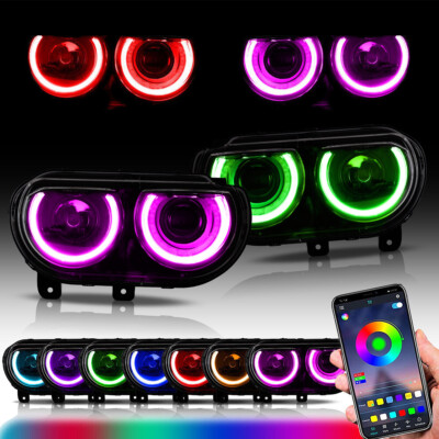 For 08-14 Dodge Challenger LED Halo Headlights RGB Color Change Multicolor Lamps