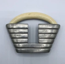 Art Deco Revival Pewter And Enameled Belt Buckle, Vintage 1984 MZA, Slack Belt