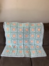 handmade Granny Square crochet blanket Green Peach Light Blue 34 X 36