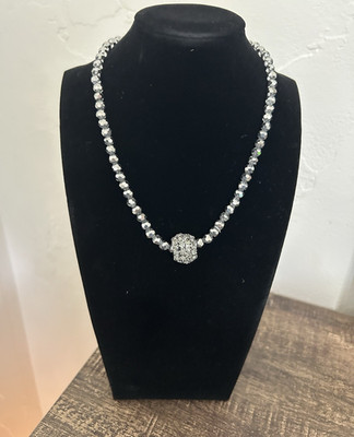 Silver Faceted Crystal Beaded Necklace with Pave Crystal Center Bead   Elegant S