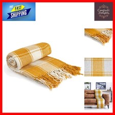 Chic Ochre Yellow Recycled Cotton Tartan Check Throw Blanket 50x60 Inches