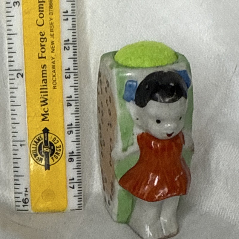 Vintage M.K.  Japan Vintage Hand-Painted  Girl wi/Watermelon Pin Cushion