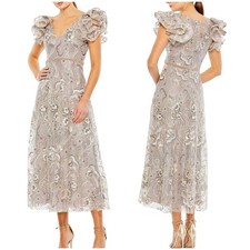 Mac Duggal NWT Embellished Ruffled Cap Sleeve A Line Midi Dress Size 2 Sequin