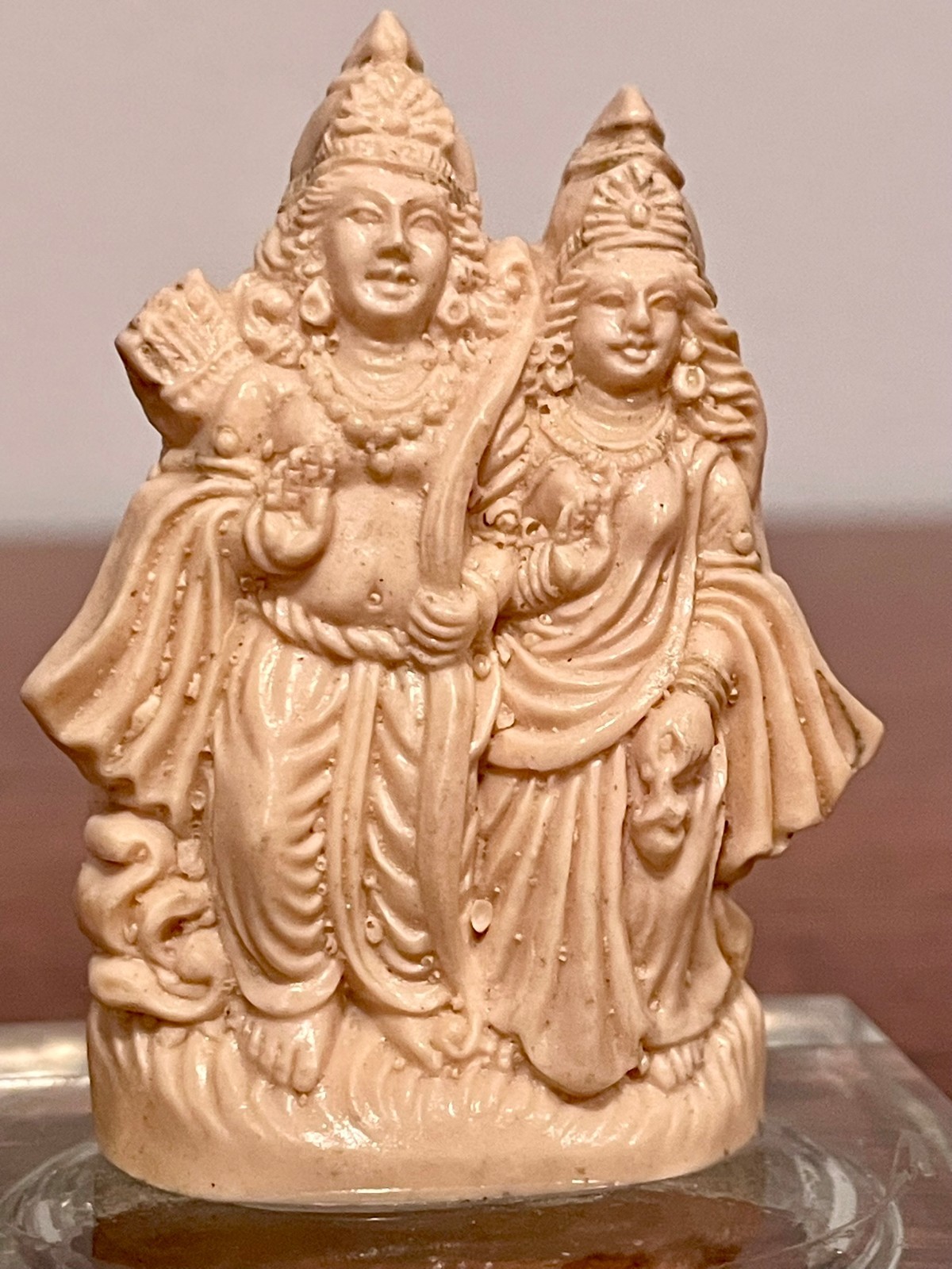 Tibetan Carved Deity Figures on Glass Base – Rama & Sita Style Relief Sculpture