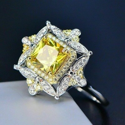 925 Sterling Silver Princess Simulated Yellow Citrine Engagement Wedding Ring