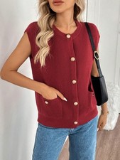 Women's Sleeveless Knit Cardigan Vest With Button Front And Pocket Detail