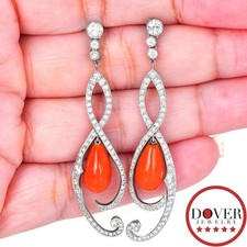 Estate Diamond Coral Platinum Cabochon Swirl Tear Drop Earrings 9.0 Gr NR