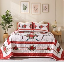 Quilt Queen Size Red Bedding Set Floral Bedspread Lightweight Reversible Bed ...
